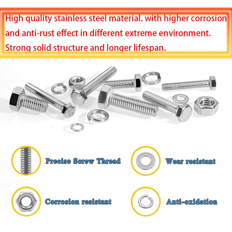 448PCS Stainless Steel Metric Bolt Assemblies, M5 M6 M8, Nut and Bolt Set Flat Washers and Spring Washers, Hex Head Screw Bolt a