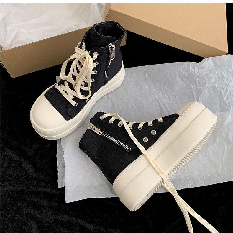 Black thick-soled high-top canvas shoes women's autumn new versatile heightening leather board shoes student casual shoes