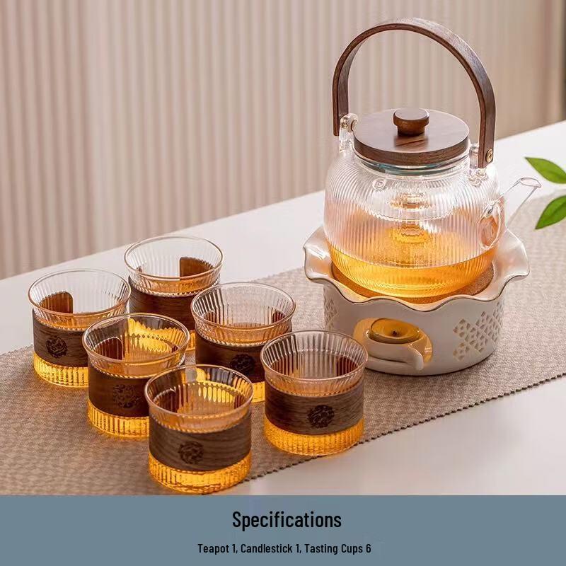 Japanese Style Glass Teapot Set Heating Base + 6 Cups