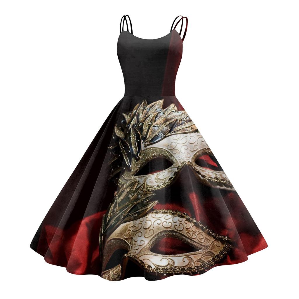 Dámské šaty, Karnevalový potisk, Sexy ramínka, Velká výstava, Retro šaty