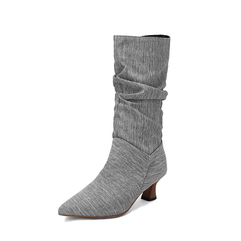Fashion Trendy Women Pleated Blue Denim Jeans Boots Spike Heels Pointy Toe Knee-high Boots Shoes Autumn Winter Red Black White Pink