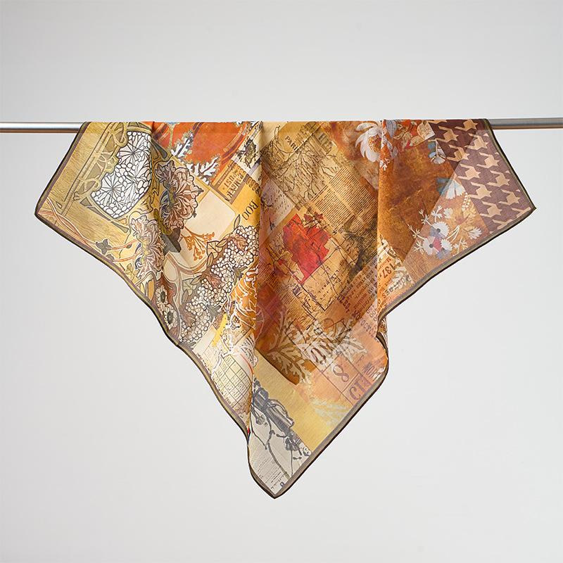 New Retro Literary and Artistic 61 * 61cm Silk Square Scarf Mulberry Silk Cotton Blended Scarf Women's High-end Silk Scarf
