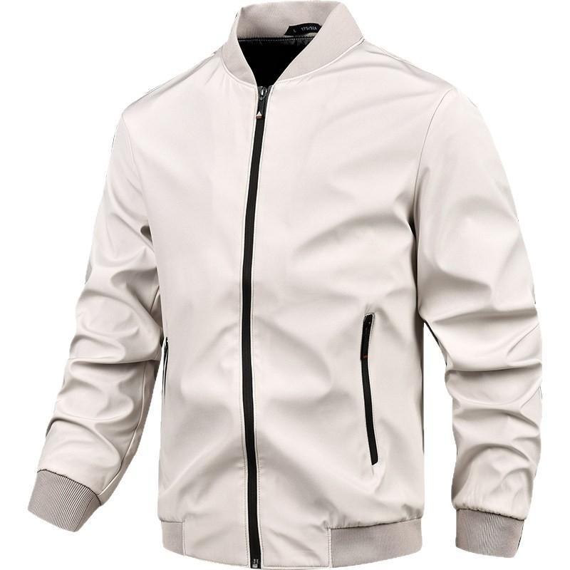 New Men Jacket Solid Color Casual Simple Stand-Up Collar Fitted Zip-Up Cardigan Top For Men Clothes L бежевый