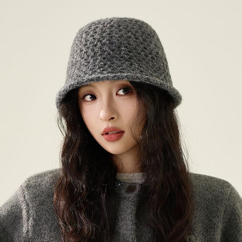 Autumn Winter Knitted Bucket Hat Women's Curling Imitation Hand Hook Hollow Fisherman Hat Warm Ear Protection Basin Hat