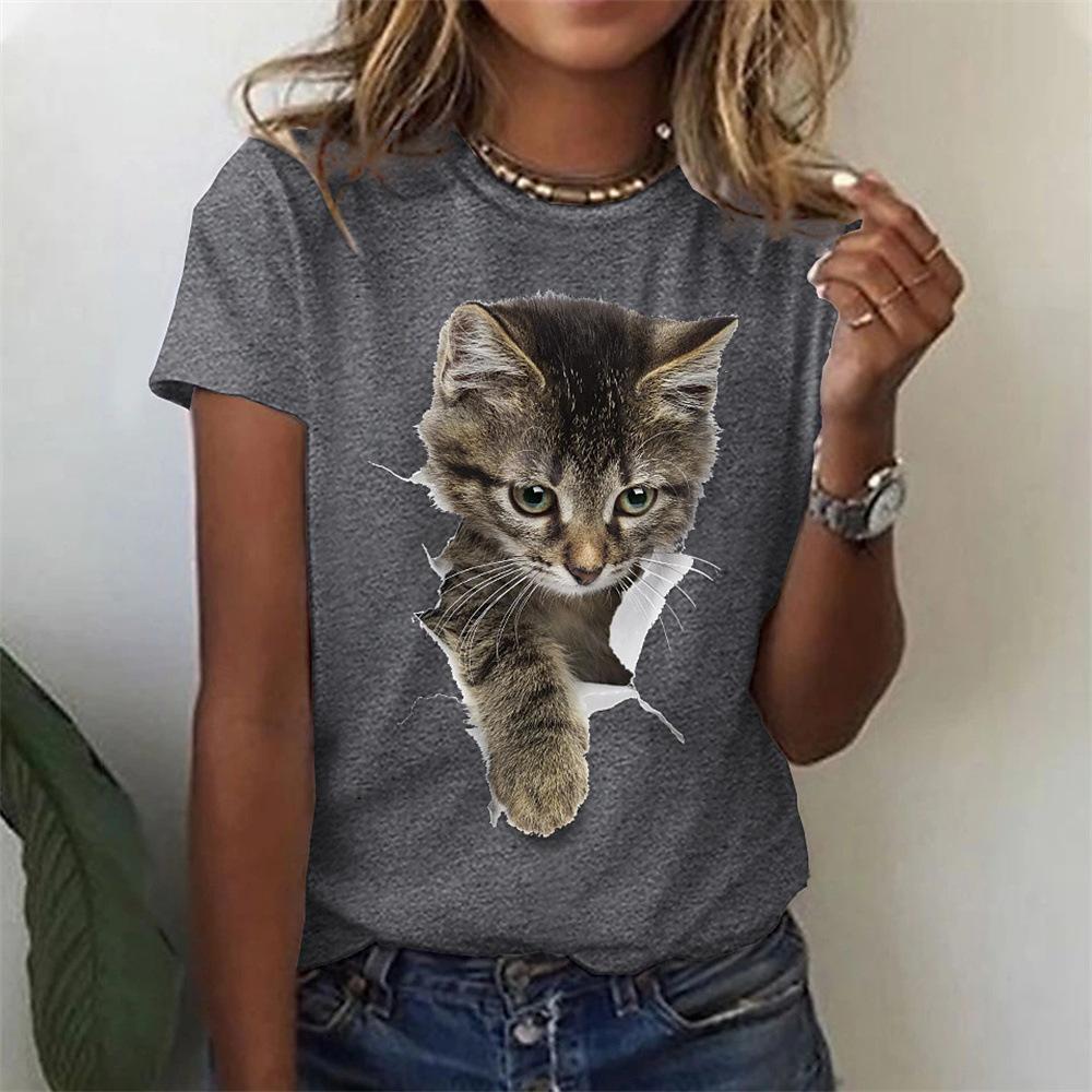 Summer Short Sleeved Women's T-shirt Cartoon Cat 3D Digital Printed Women's T-shirt