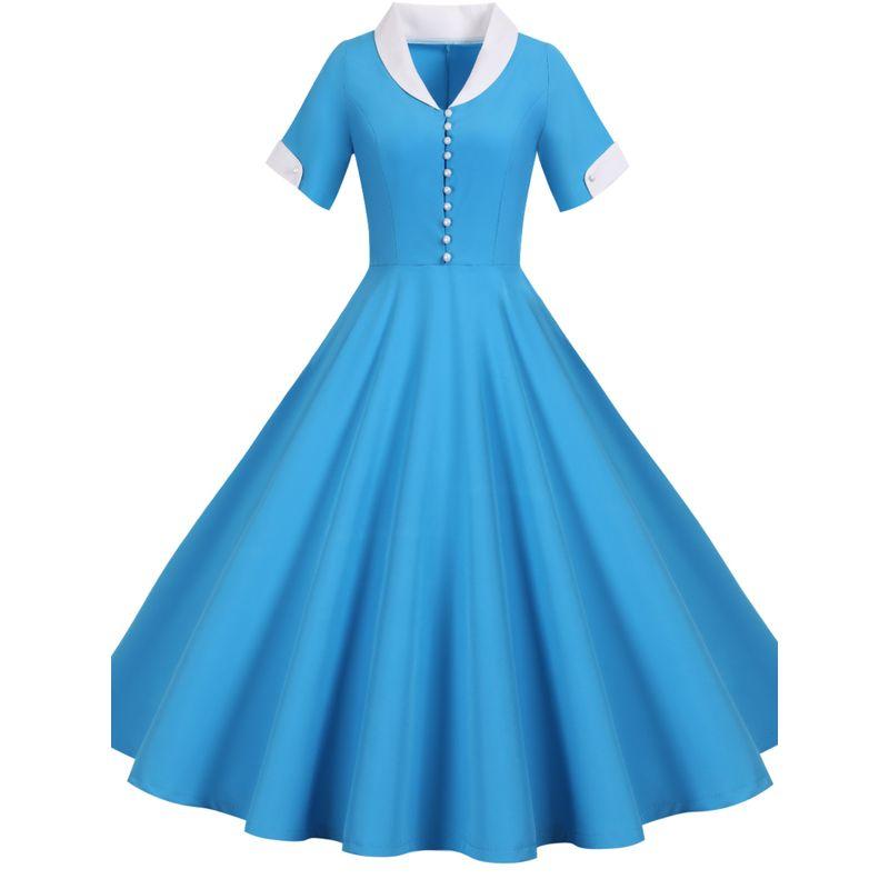 European Station Summer New Single-Breasted Blue Short Sleeve Suit Collar Pure Color Casual Swing Dress Female Dress