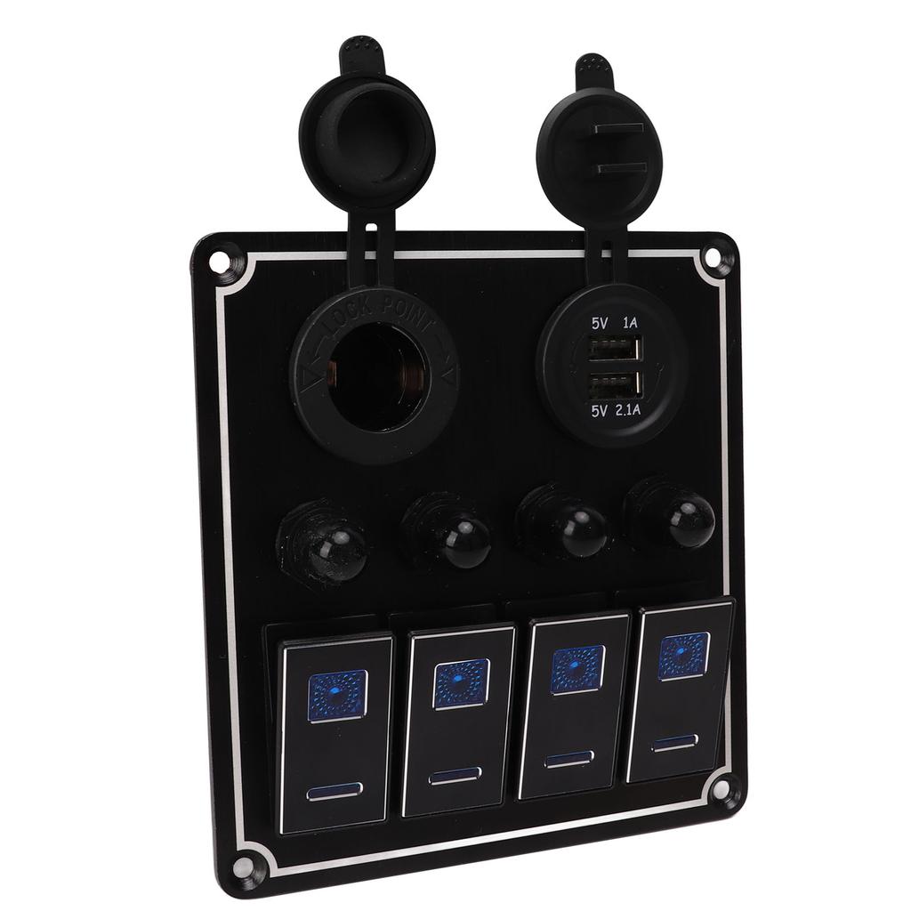 4 Gang Rocker Switch Panel with USB Cigarette Lighter Socket Toggle ON Off Combination Switch Panel for Caravan Yacht