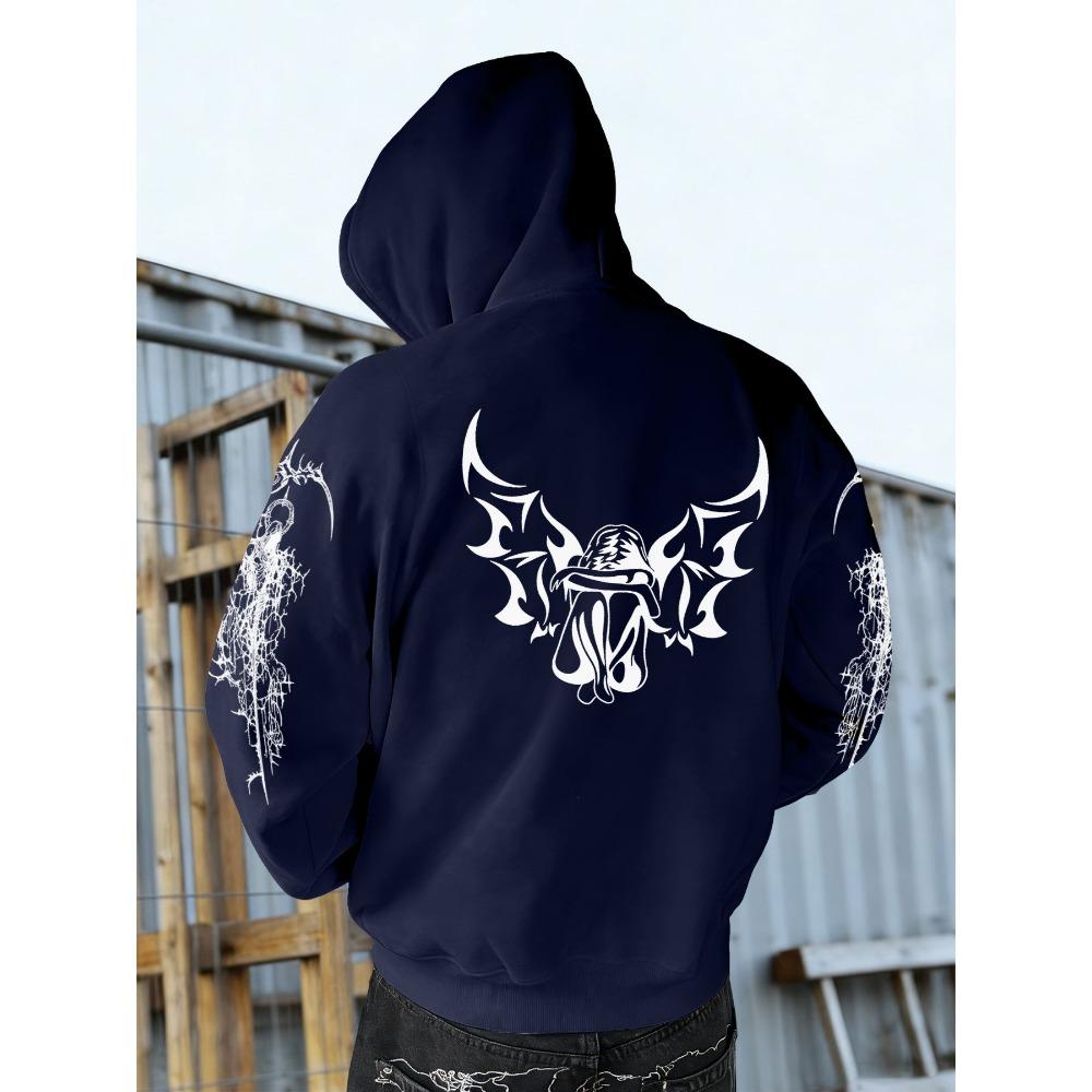 Autumn Winter Trendy Men's Vintage Streetwear Hooded Sweatshirt with Gothic Design, Featuring Demon Wings and Thorns Print on the Back
