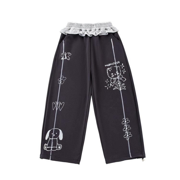 2026 Girls' Autumn Casual Suit: Slim Fit Long Sleeve T-shirt & Cartoon Sweatpants with Lace Wide Leg Pants for Middle and Big Kids.