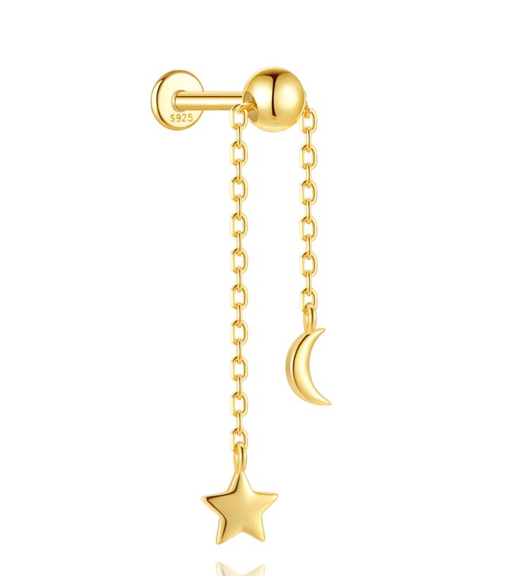 CANNER 1PC 925 Silver Eight-pointed Star CZ Piercing Earring For Women Tassel Chain Stud Earring Party Fine Jewelry