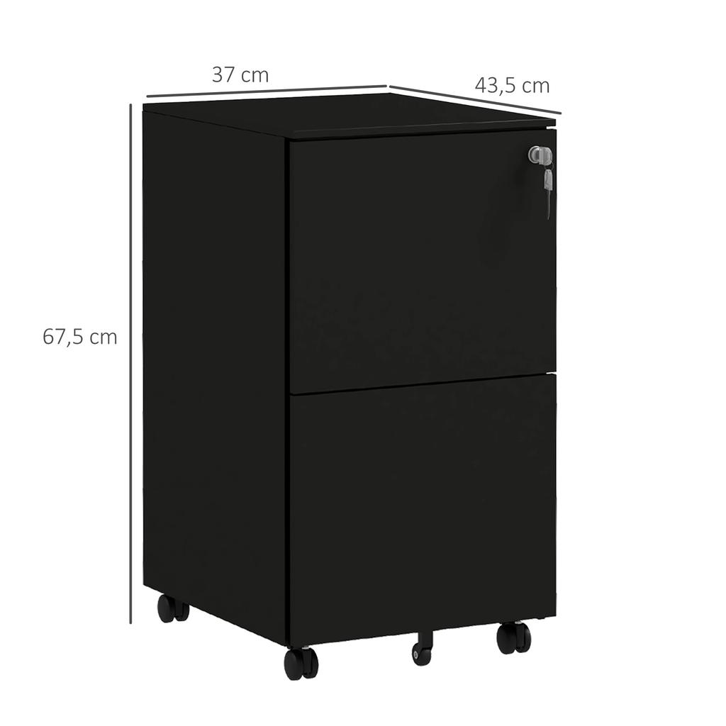Mobile Pedestal Filing Cabinet, 2 Drawers, Lockable, Rollable, 37 cm x 43.5 cm x 67.5 cm, Black