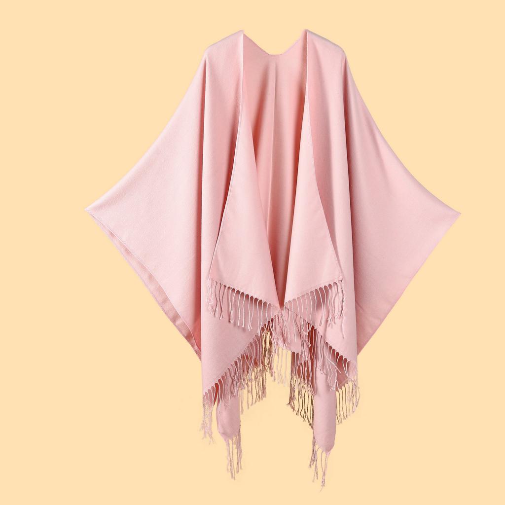 Ladies' Classic Monochrome Tassel Slit Shawl Scarf, Imitation Cashmere Knitted Cardigan