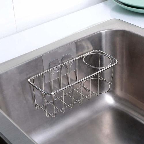 2-in-1 Sink Caddy with Adhesive Sponge Holder and Brush Holder, Made of SUS304 Stainless Steel, Rust-Resistant and Waterproof