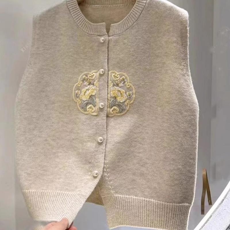 Round Neck Embroidered Chinese Style Knit Vest Women Spring Outerwear Sweater Waistcoat