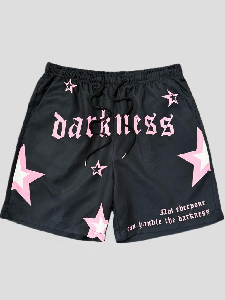 Men Gothic Angel Graffiti 3D Print Mesh Beach Shorts Elastic Drawstring Loose Straight Casual Summer Board Shorts