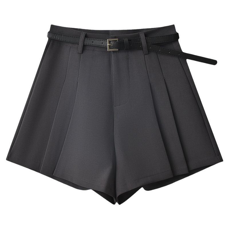 Women's Summer 2024 Gray Pleated High-Waist A-Line Skirt Shorts - Slim, Loose Fit