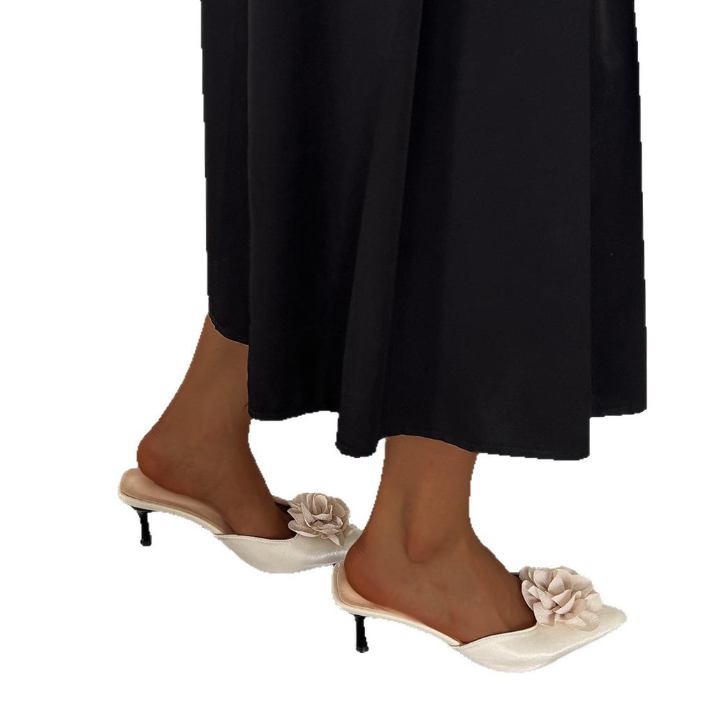 2025 summer women's shoes pointed toe thin heel fashion flower temperament wear leopard print bag head half drag muller shoes