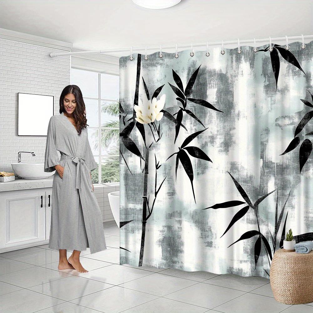 Bamboo Minimalist Shower Curtain, Monochromatic Bamboo & White Flowers, Fade-Resistant Polyester, Calming Bath Decor