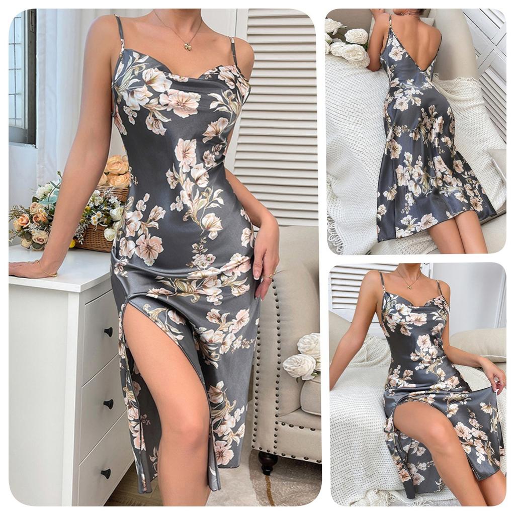Floral Print Side Slit Cami Nightgown Sexy Slim Fit Breathable Women's Comfortable Loungewear 658 Romantic Flattering Sleepwear with Delicate Prints