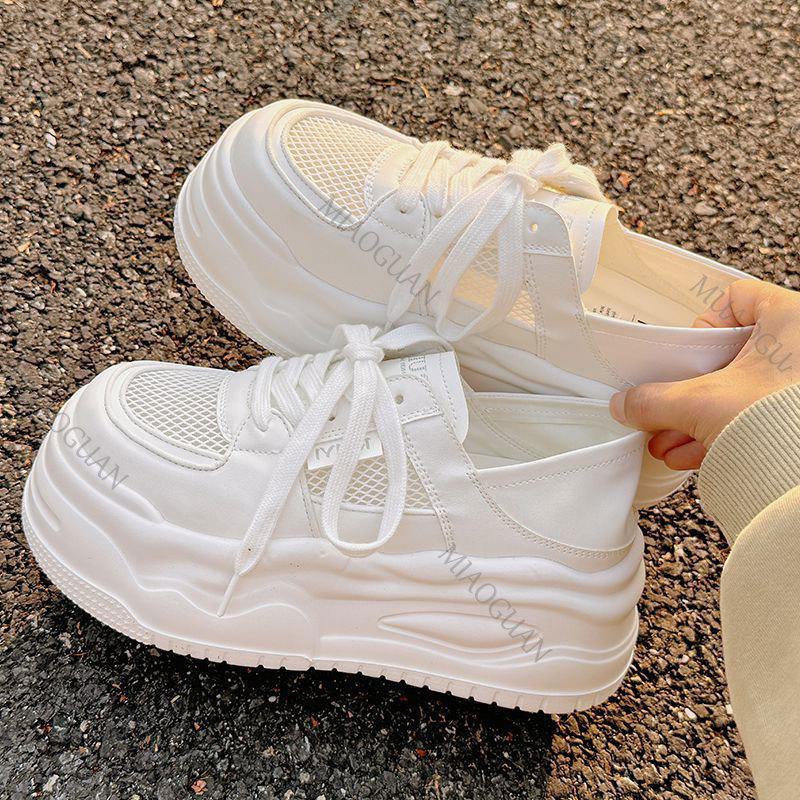 Fashion Lightweight Mesh Breathable Platform White Sneaker Women Spring Summer Shoes Casual Lace Up Flat Bottom Heighten Vulcanize Shoes