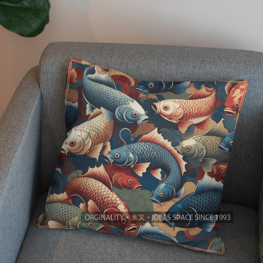 2D Colorful Koi Fish In Wave Pattern Pillow Cover Pattern Cushion Cover Suitable For Sofa Bedroom Car Pillow Cover