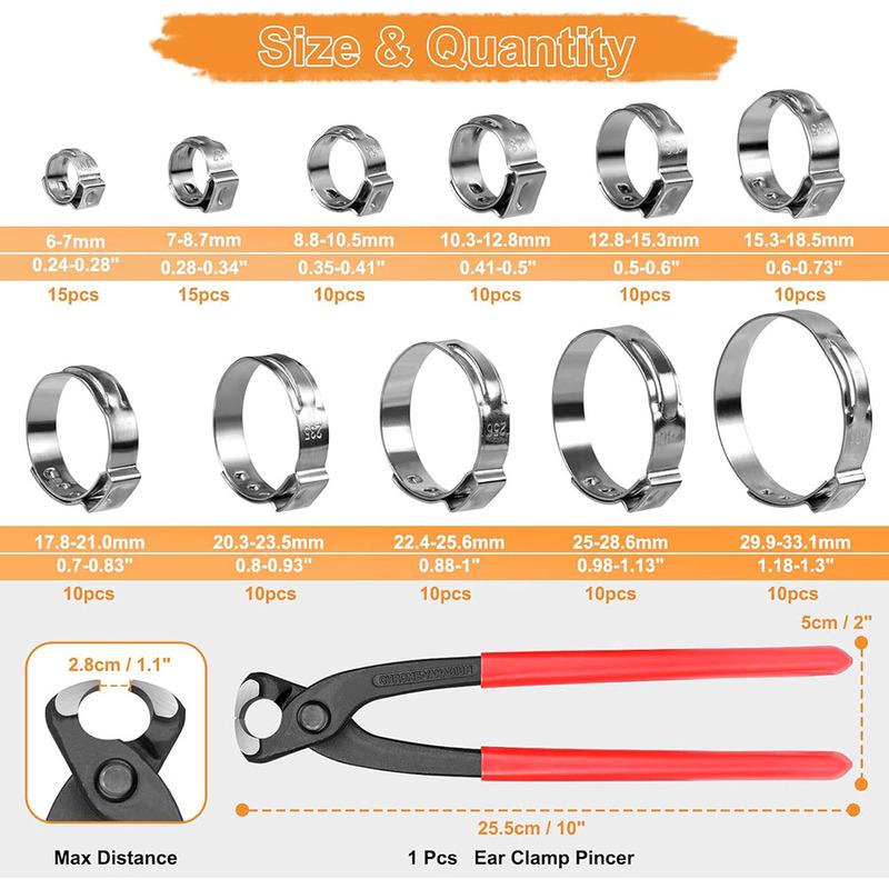 

304 stainless steel, 6-33.1mm no step collar crimping combination kit, with ear clip needle, used for fixing pipe and hose clamp