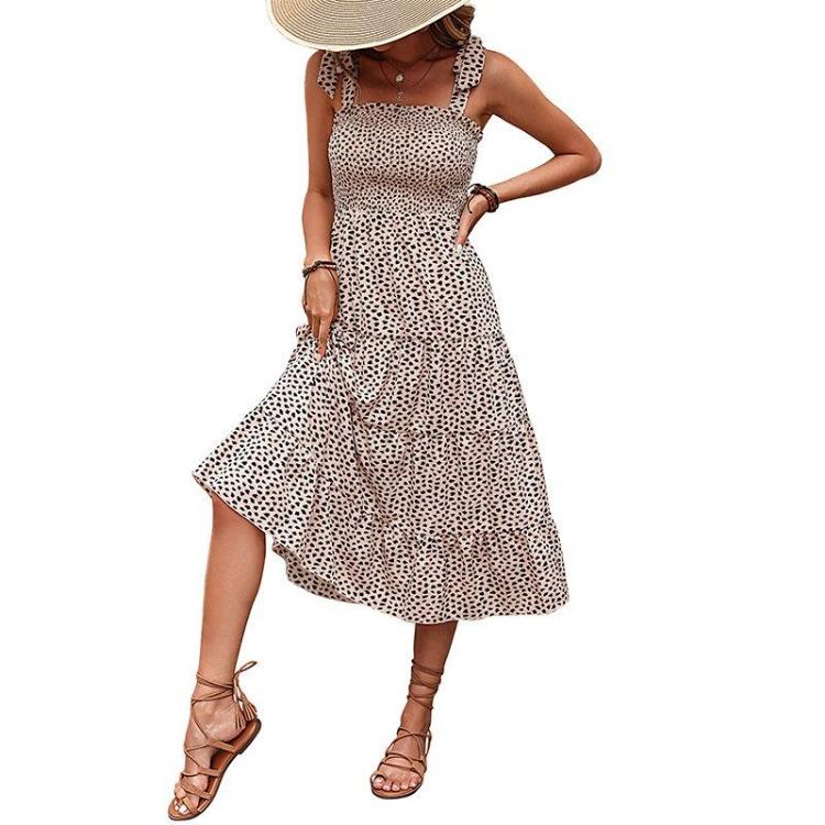 Summer Women Leopard Print Halter Neck High Waist A Line Dress with Ruffled Strap