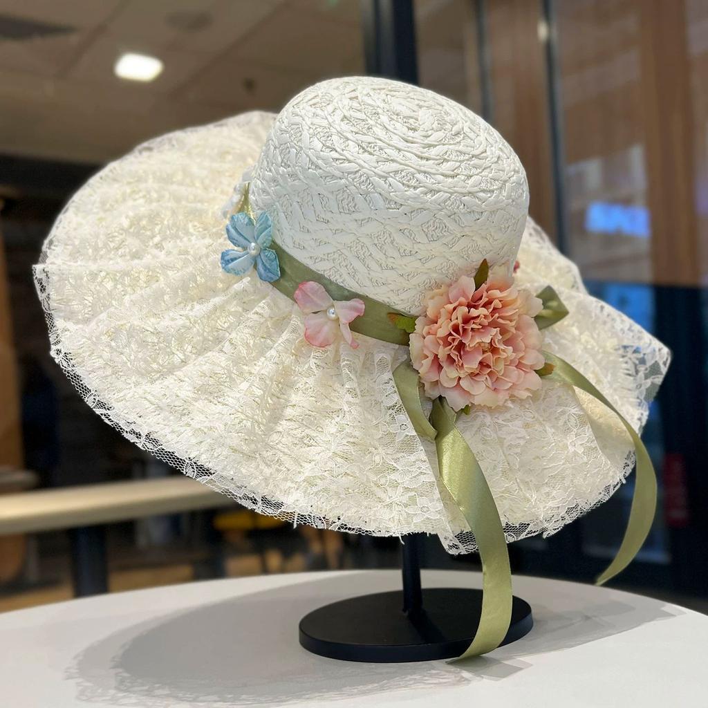 Bow Flower Big Brim Beach Straw Hat Women Spring and Summer New Seaside Sunshade Sun Hat Tide