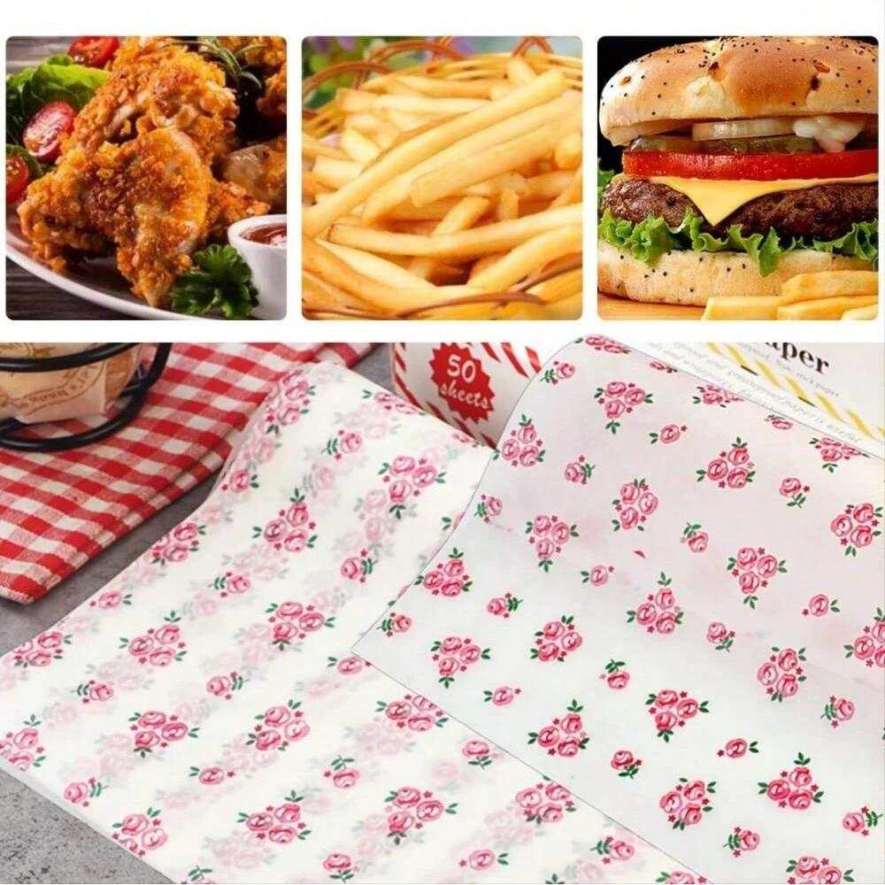 Wax Paper for Sandwiches and Bakery with Heart and Flower Patterns Decorative Food Wrapping Paper for Baking and Packaging