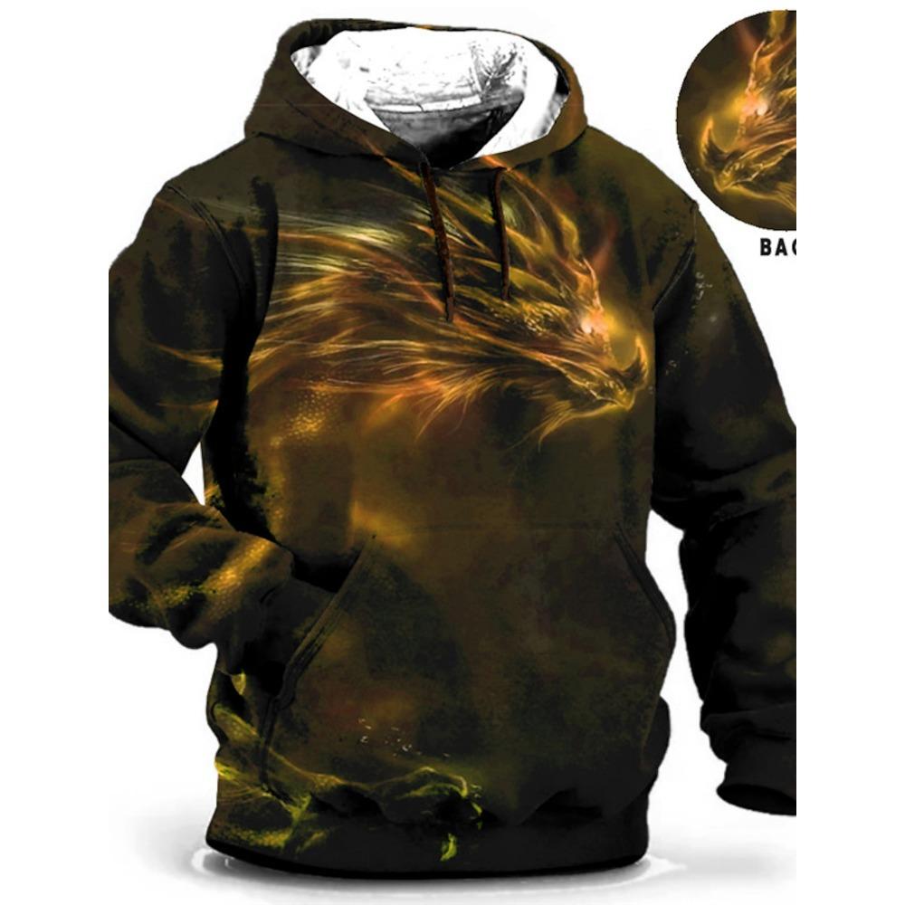 Pánská mikina s kapucí draka na čínský Nový rok s grafickým zvířecím potiskem Denní klasický 3D svetr Streetwear Mikiny s dlouhým rukávem, s kapucí
