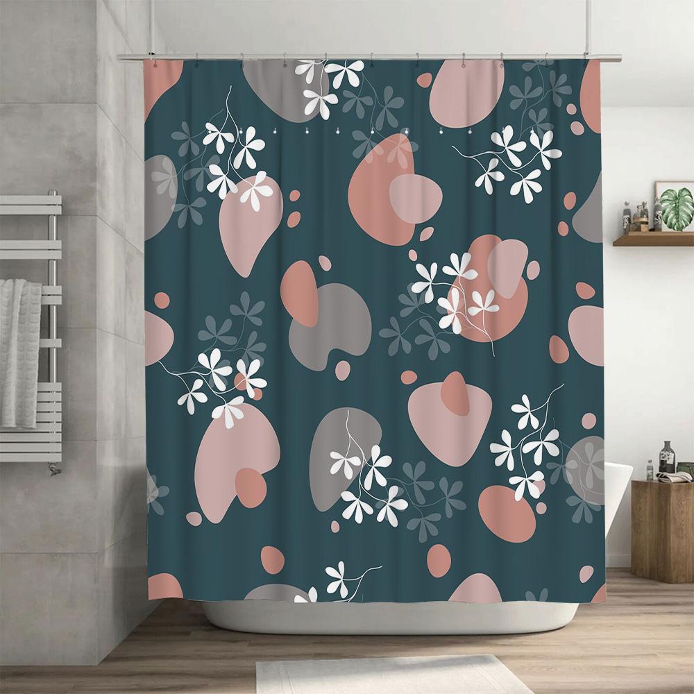 Creative Printed Shower Curtains with Waterproof Fabric for Bathroom Decoration Pink Floral Design Dark Blue Color Set 180x180cm