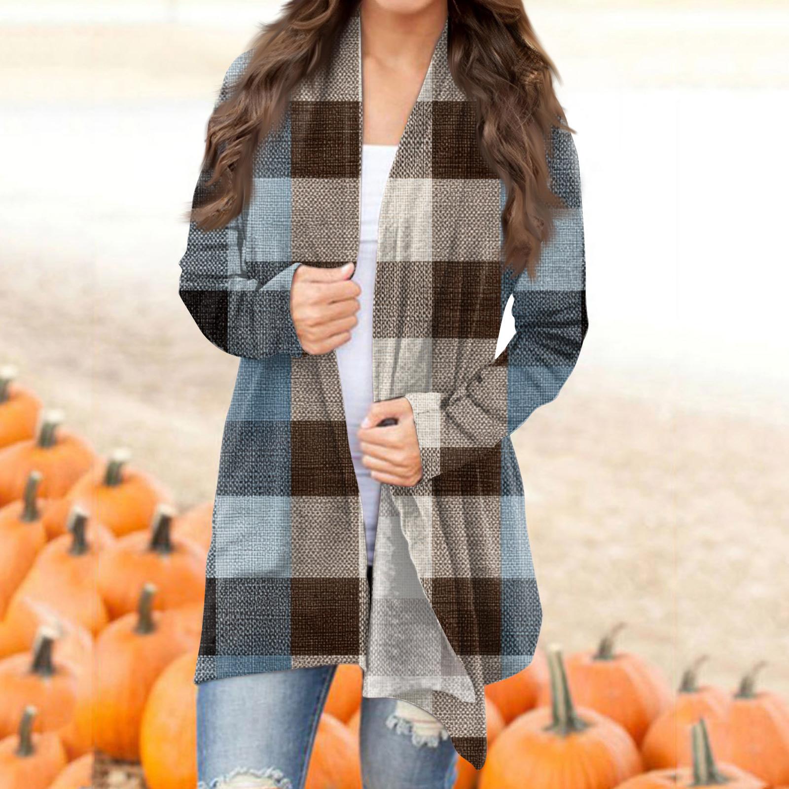 

Women s Casual Fashion Plaid Print Half-open Collar Mid-length Irregular Hem Cardigan Jacket M синий