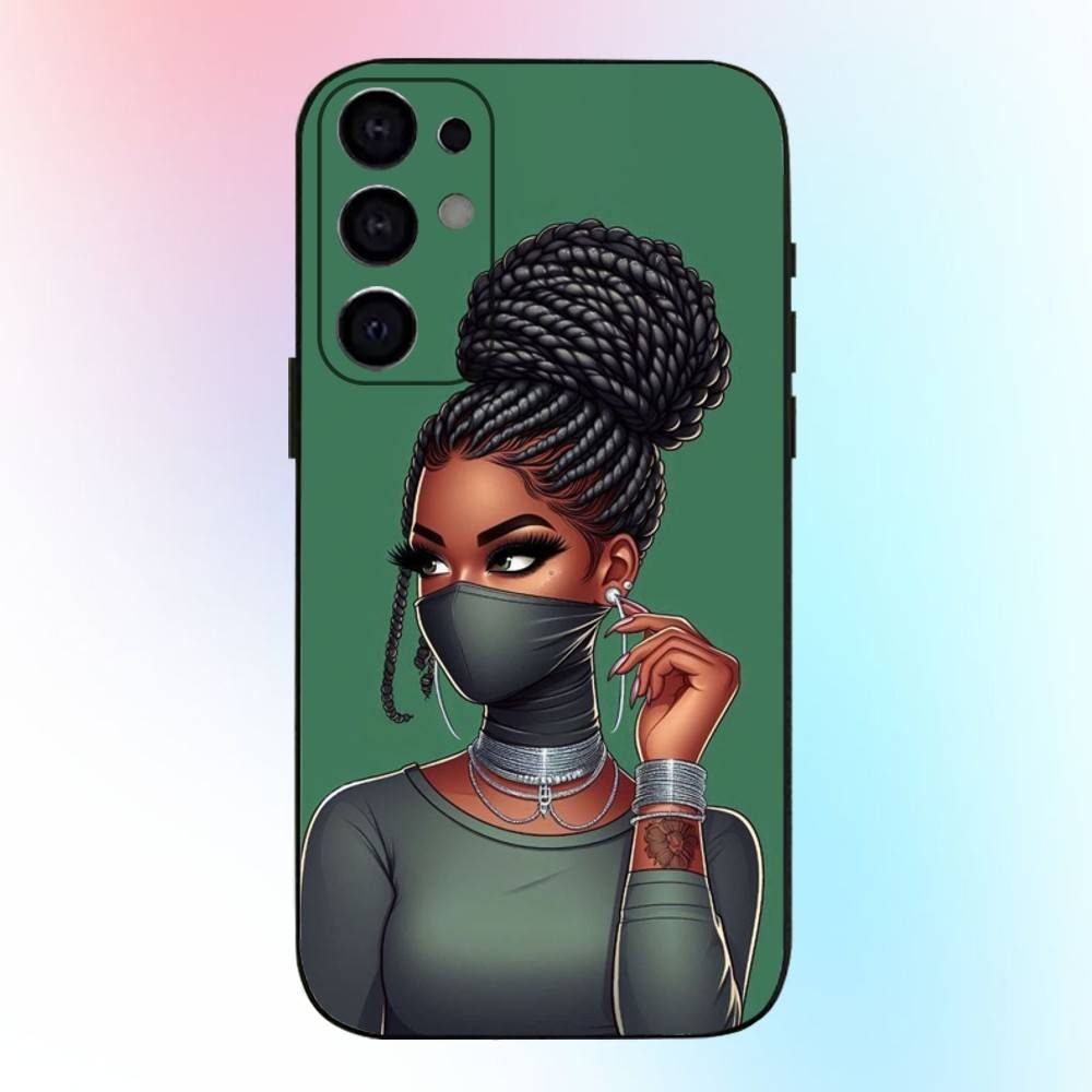 Afro Black Girls Cartoon Phone Case For Samsung S25,S24,S21,S22,S23,S30,Ultra,S20,Plus,Fe,Lite,Note,10,9,5G Black Cover