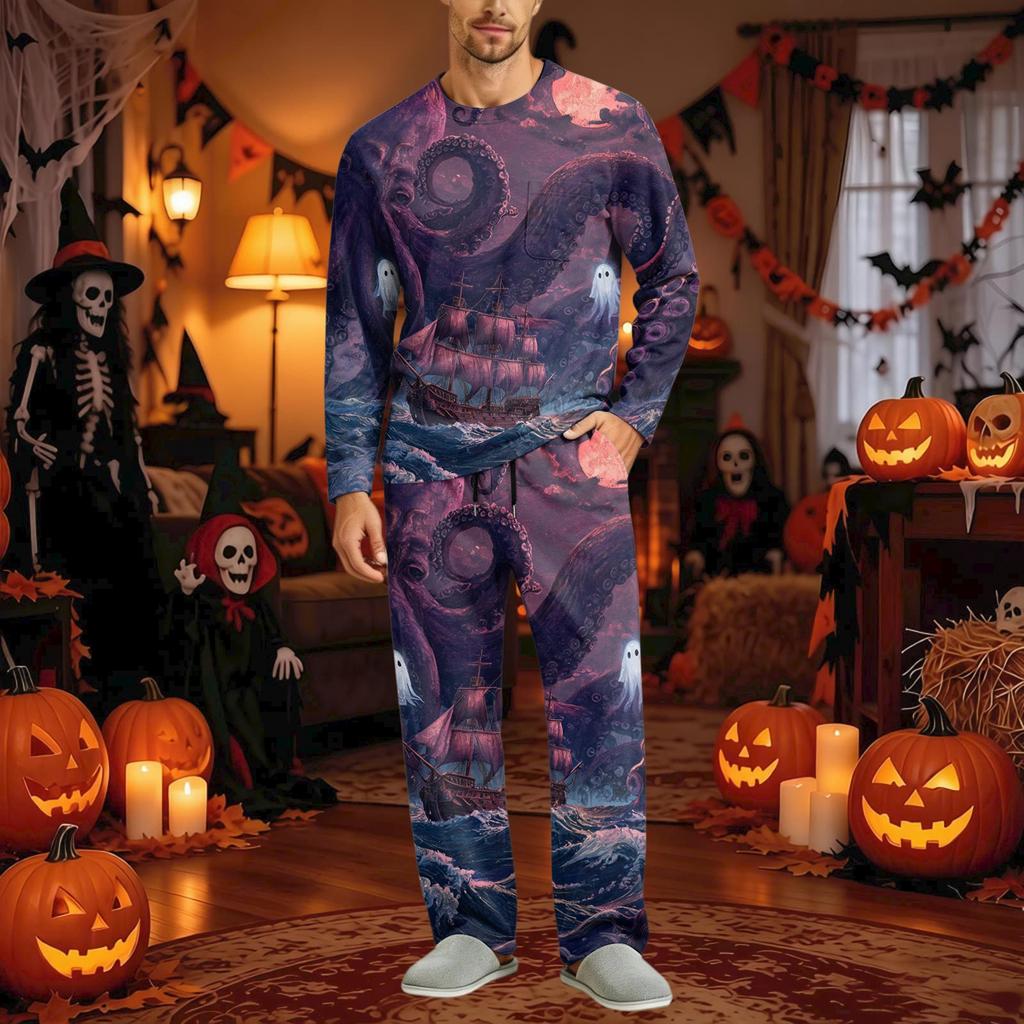 Men's Halloween Pajama Set Long Sleeve with Buttoned Crotch and Elastic Drawstring Waist Sleepwear
