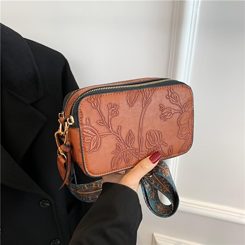 

Миниатюрная сумка через плечо в стиле бохо, сумка через плечо с цветочным тиснением, винтажная сумка через плечо для камеры для женщин коричневый
