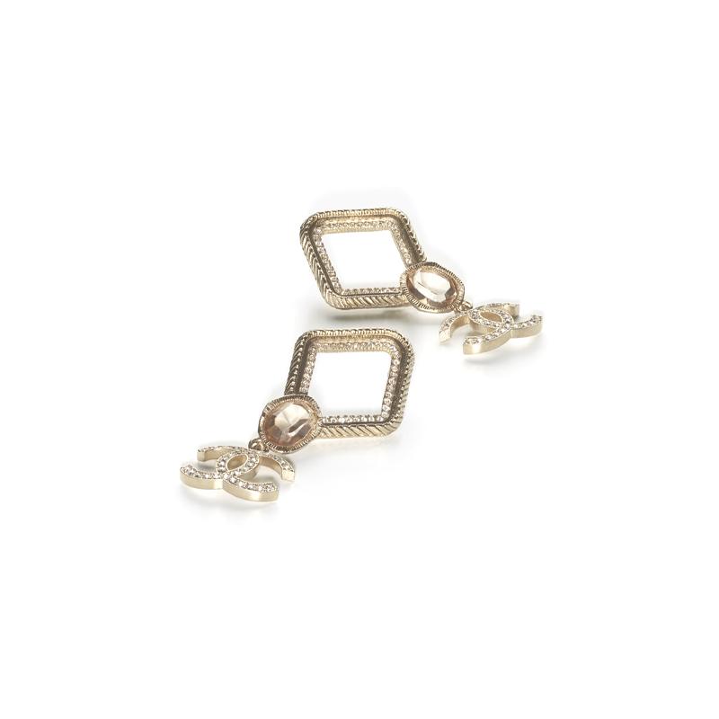 CHANEL Metal and Rhinestone Pink Crystal Double C Square Earrings
