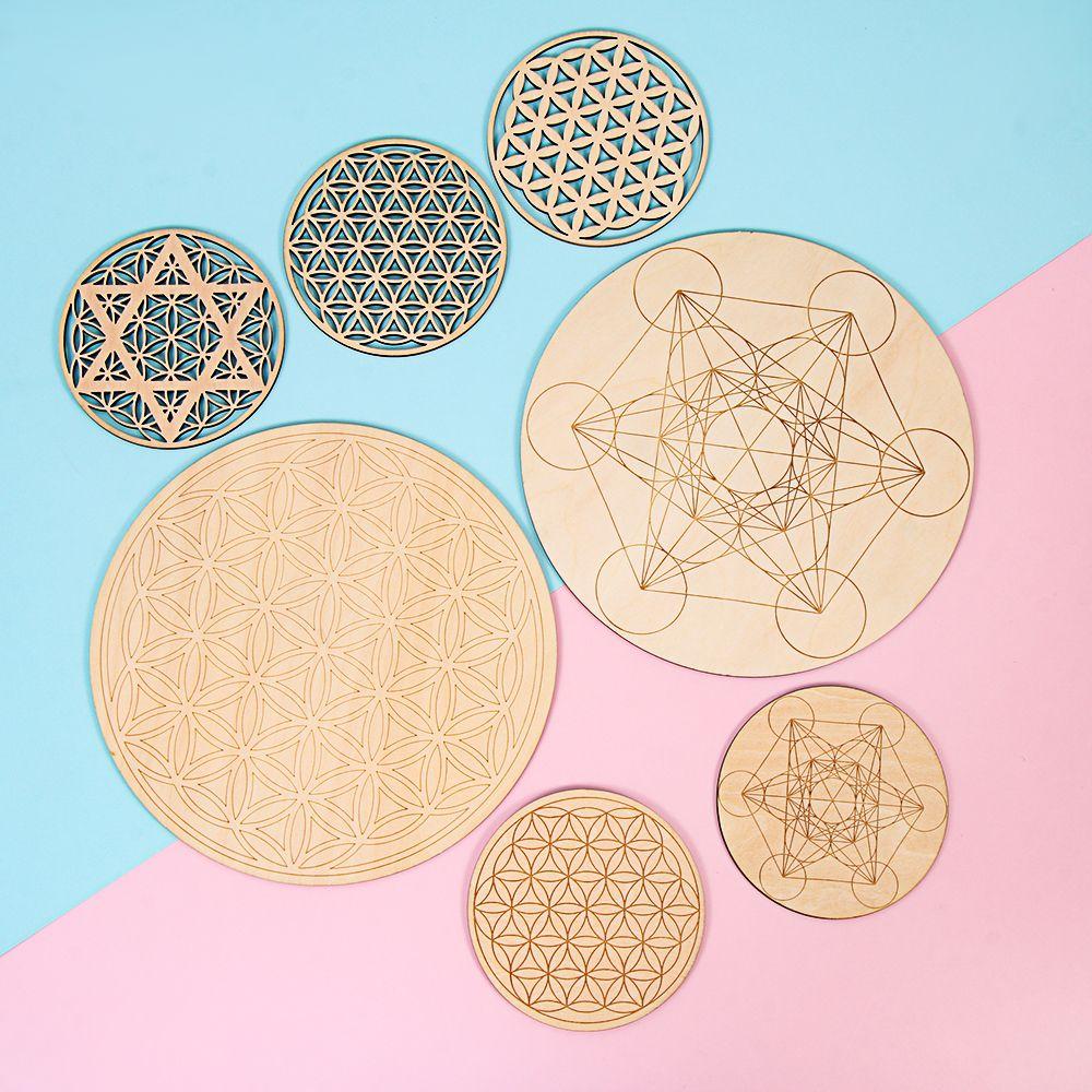 20cm Arts And Crafts Flower of Life Circles Carved Wood Chakra Pattern Coaster Round Edge