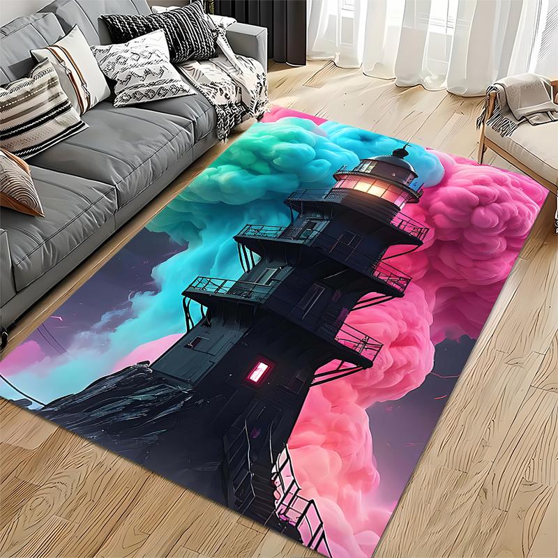 Fantasy Lighthouse Carpet with Pink and Blue Clouds Design Printed Suitable for use as an anti-slip for living room bedroom sofas