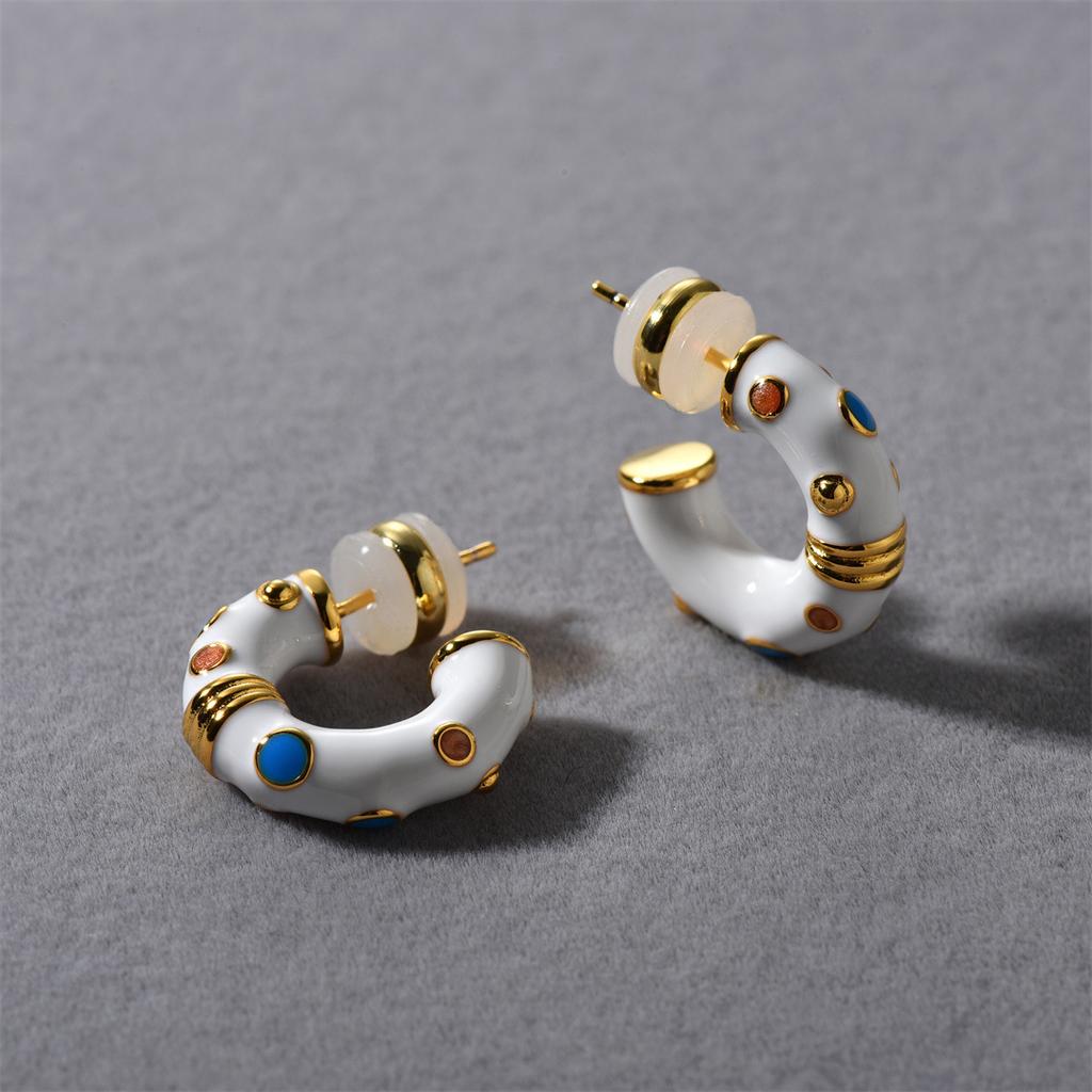 Spring And Summer Blogger, The Same Enamel Drop Glaze C-Shaped Earrings Are Inlaid With Natural Stone Earrings Women