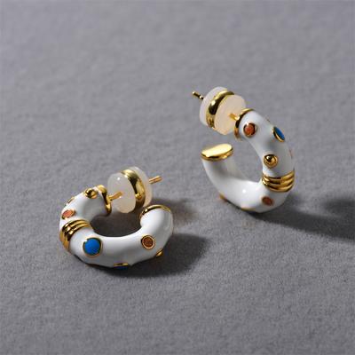 Spring And Summer Blogger, The Same Enamel Drop Glaze C-Shaped Earrings Are Inlaid With Natural Stone Earrings Women