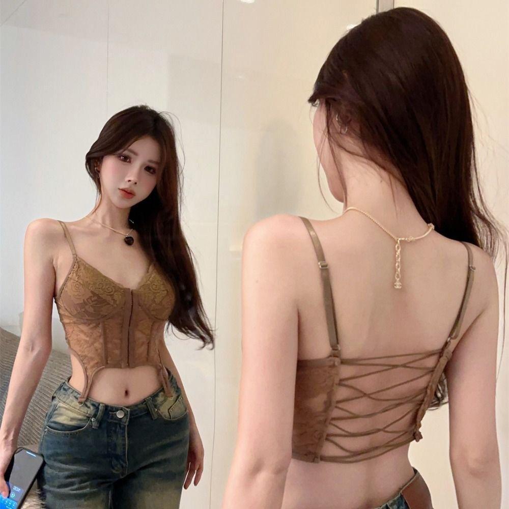 Slim Fit Sexy Lace Corset Top Push Up Hollow Suspender Vest Streetwear Floral Lace Camisole  Girl