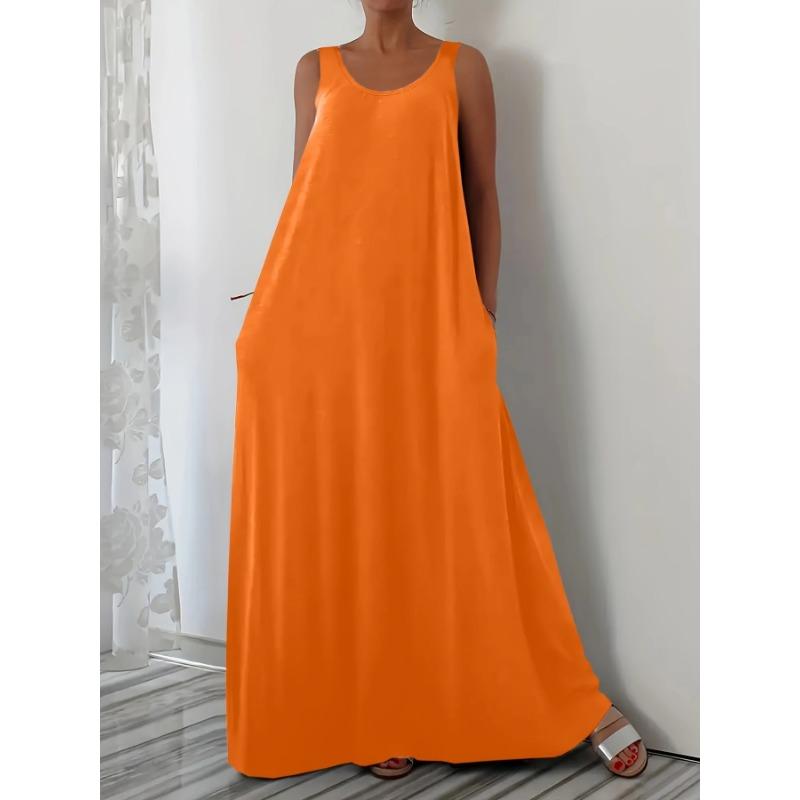 Damenkleid Sommer Einfarbig Übergröße Strand Langkleid Lässig Seitentasche Ärmelloses Kleid