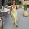 Rochie Elegantă cu Bretele Subțiri Sexy Croială Strâmtă Îmbinare cu Dantelă Rochie de Petrecere din Satin Croială A-line Galbenă Dulce Decolteu în V Rochie de Bal Largă Îmbrăcăminte Sexy de Vară pentru Femei
