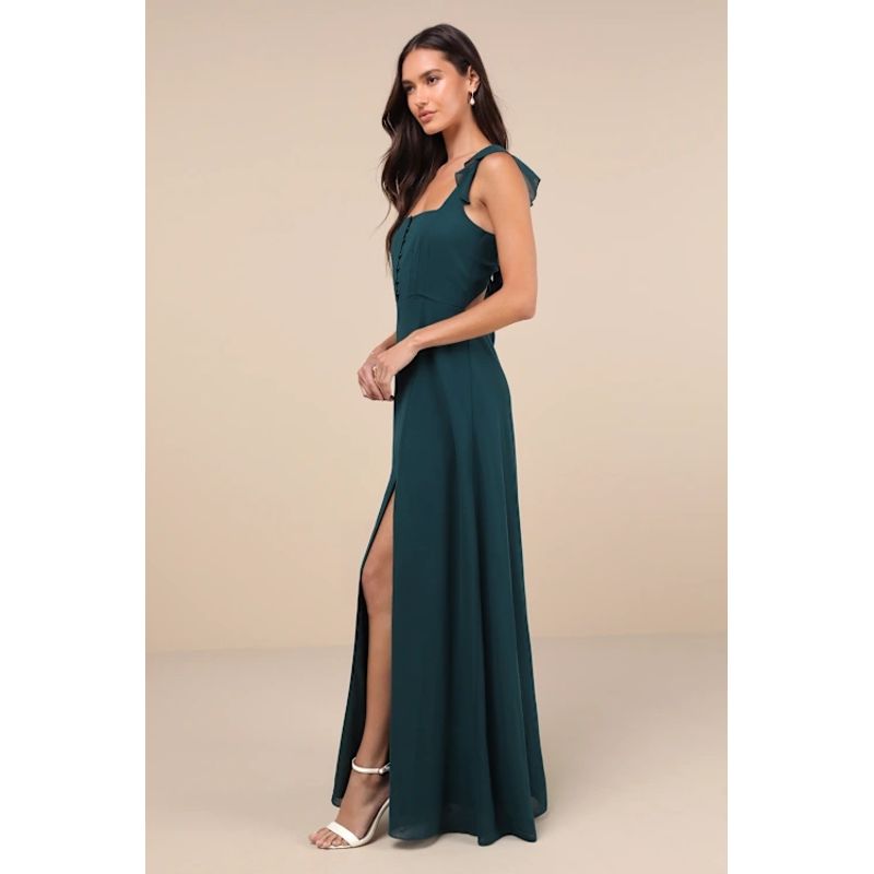 Export Single Lu Home Hepburn Square Collar Design off-Shoulder Ruffles Vacation Elegant Chiffon Fairy Temperamental Dress