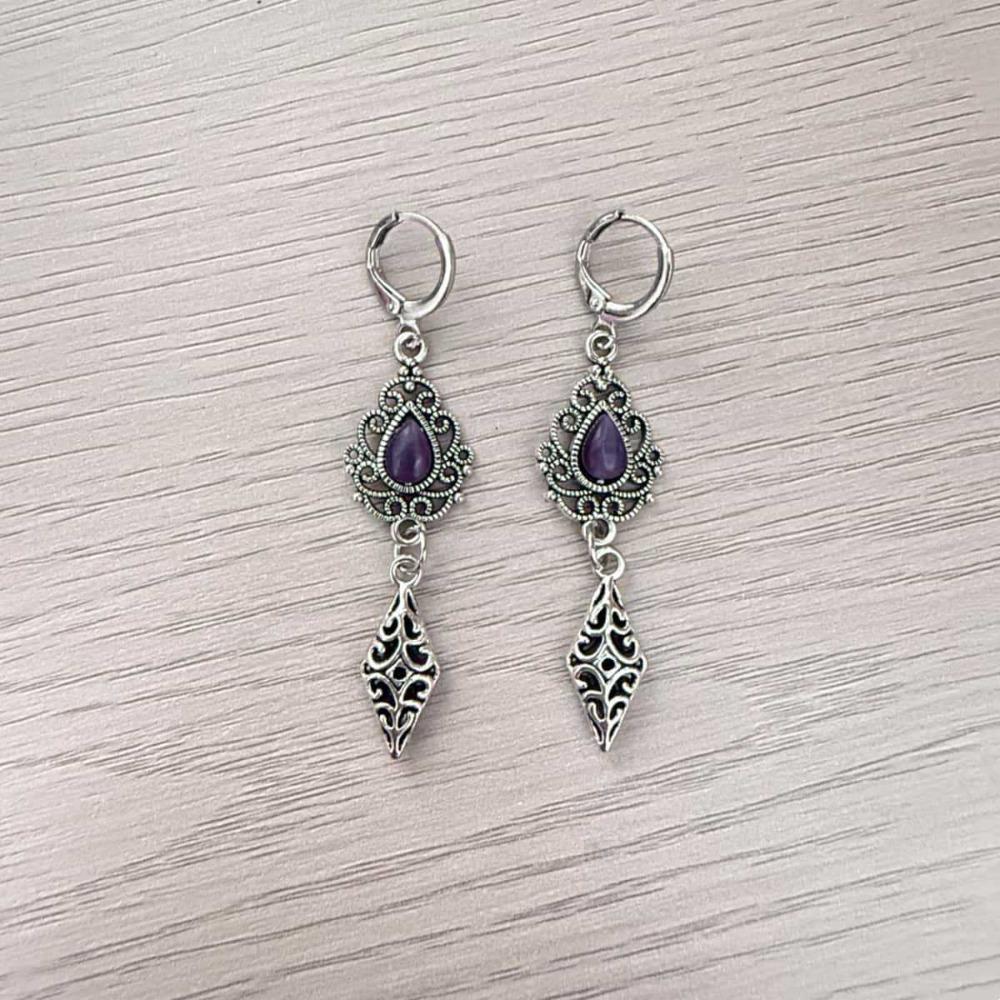 Vintage Ethnic Ancient Silver Filigree Purple Teardrop Gemstone Dangle Earrings for Women Boho Gypsy Hoop Earrings Jewelry Gifts