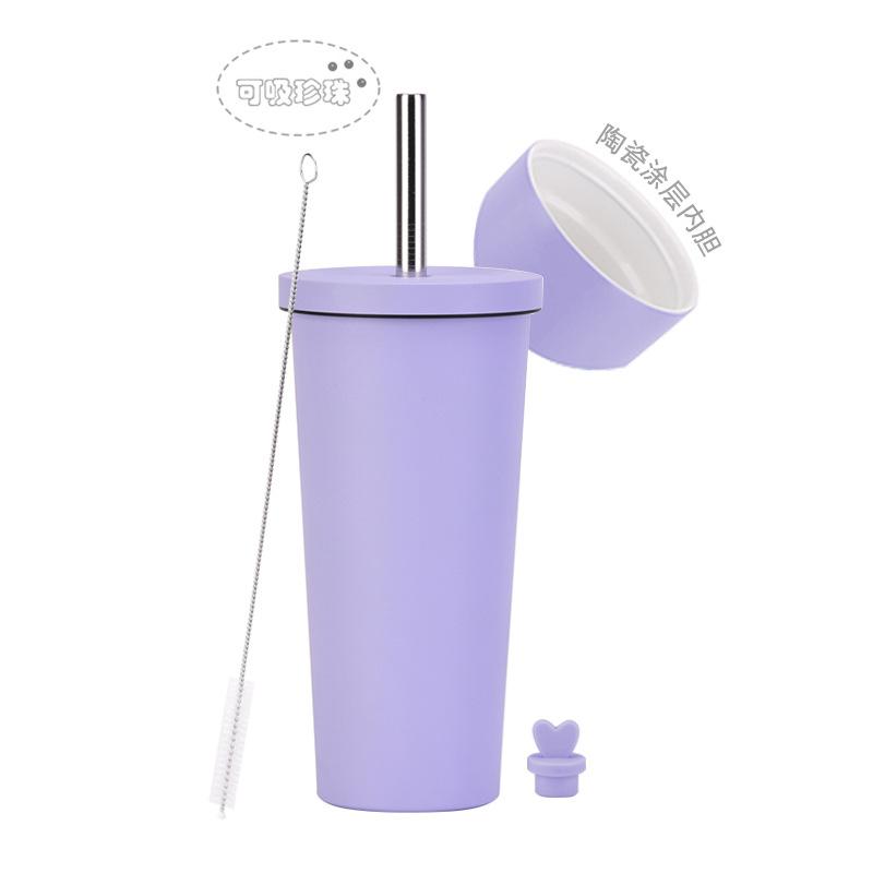 2025 Stainless Steel Straw Cup Ceramic Liner Bubble Tea Cup Vacuum Double-Layer Straw Thermos Cup