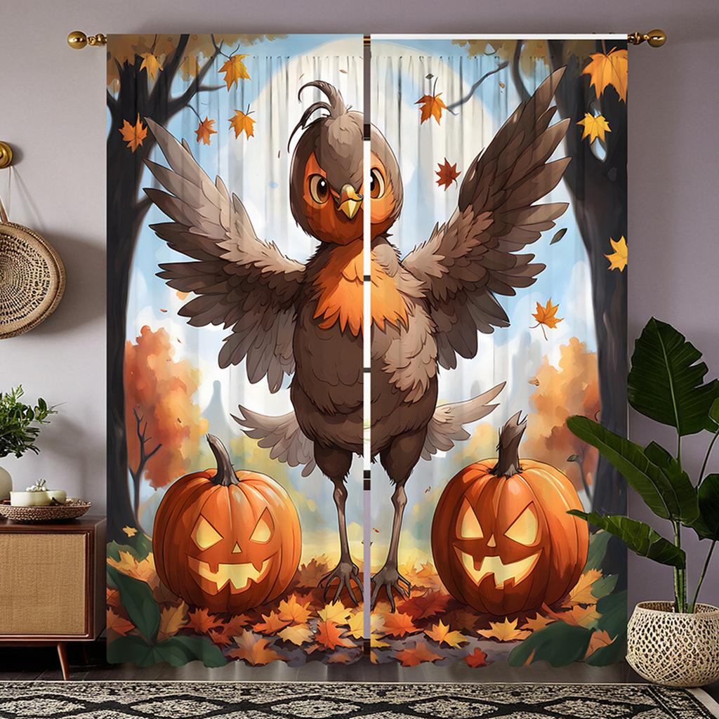 Set Of 2 Hd Halloween Pumpkin Rooster Maple Leaf Decorative Curtain Brown Tie Digital Printed Home Decoration Style Curtains Made Polyester