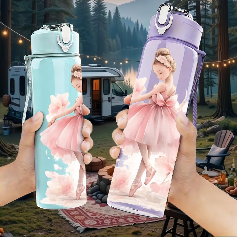1PC Little Ballerina Girl Soft Art Print 750ml Color Plastic Sports Water Bottle Leakproof Flip Straw Lid Suitable for Sports Office Home Use