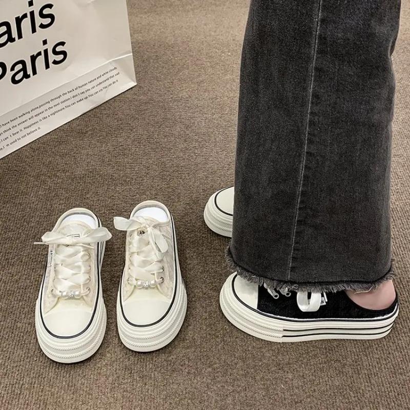 Fashion Women Canvas Shoes New 2024 Spring Summer flat sneakers women casual shoes low upper lace up white shoes for women