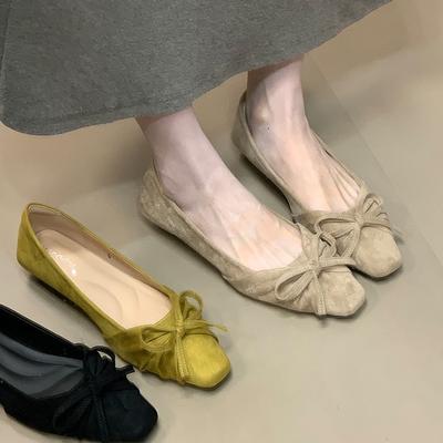 Bow Square Head Shallow Mouth Single Shoes Women's 2025 Autumn New Flat Bottom Versatile Fairy Style Low Heels Fashion Women's Shoes